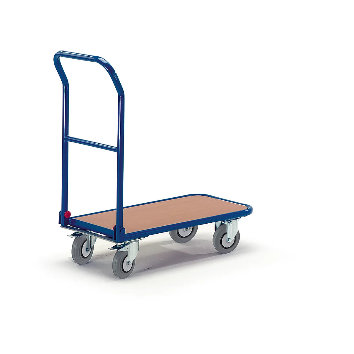 Un chariot bleu avec une plateforme en bois et quatre roues, sur fond blanc.