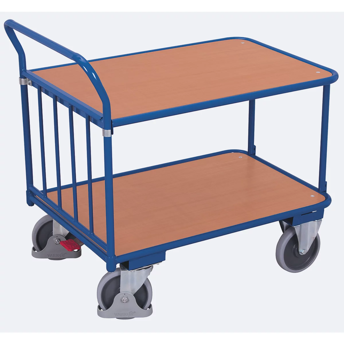 Chariot à barres de poussée, panneau acier/MDF, décor bleu gentiane/hêtre, 2 étagères, L 830 x l 495 mm, avec tubes verticaux, roulettes TPE avec EasySTOP, jusqu'à 400 kg
