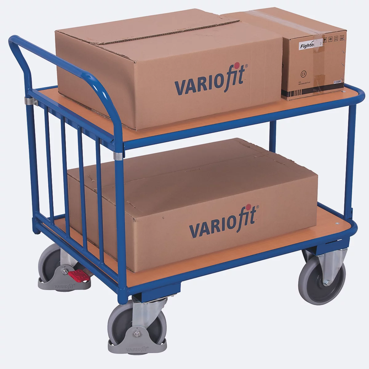 Chariot à barres de poussée, panneau acier/MDF, décor bleu gentiane/hêtre, 2 étagères, L 830 x l 495 mm, avec tubes verticaux, roulettes TPE avec EasySTOP, jusqu'à 400 kg