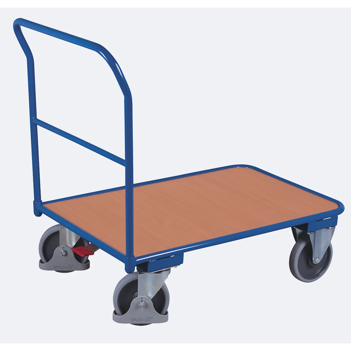 Chariot à barres de poussée, panneau acier/MDF, décor bleu gentiane/hêtre, L 1000 x l 700 mm, avec traverse, roulettes TPE avec EasySTOP, jusqu'à 400 kg