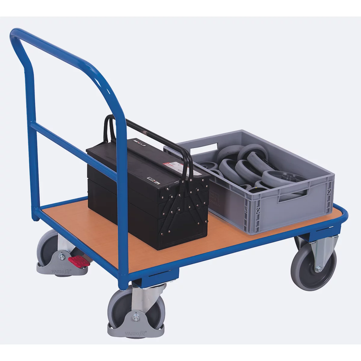 Chariot à barres de poussée, panneau acier/MDF, décor bleu gentiane/hêtre, L 1000 x l 700 mm, avec traverse, roulettes TPE avec EasySTOP, jusqu'à 400 kg