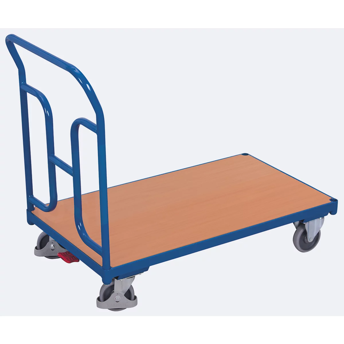 Chariot à barres de poussée, panneau acier/MDF, décor bleu gentiane/hêtre, L 1030 x l 600 mm, avec tubes cintrés, roulettes TPE avec EasySTOP, jusqu'à 250 kg