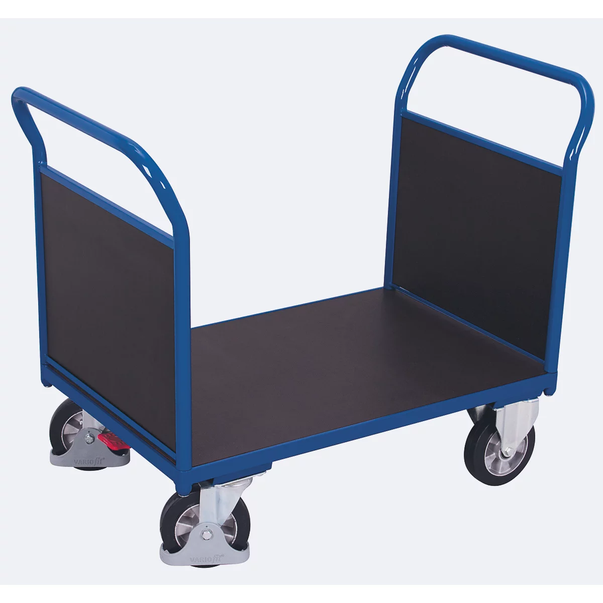 Chariot à double paroi frontale, acier/plaque de sérigraphie, bleu gentiane/marron foncé, L 1195 x l 800 mm, parois frontales en contreplaqué, roulettes en caoutchouc solide avec EasySTOP, 1000 kg