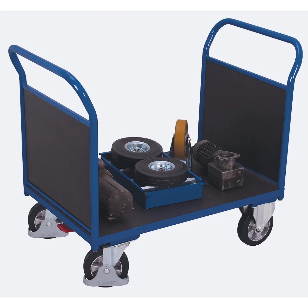 Chariot à double paroi frontale, acier/plaque de sérigraphie, bleu gentiane/marron foncé, L 1195 x l 800 mm, parois frontales en contreplaqué, roulettes en caoutchouc solide avec EasySTOP, 1000 kg