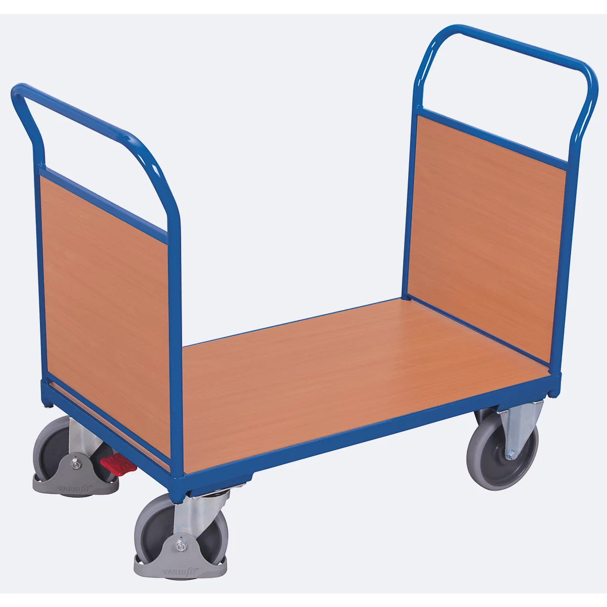 Chariot à double paroi frontale, acier/plaque MDF, décor bleu gentiane/hêtre, L 850 x l 500 mm, parois frontales en plaque MDF, roulettes TPE avec EasySTOP, jusqu'à 400 kg