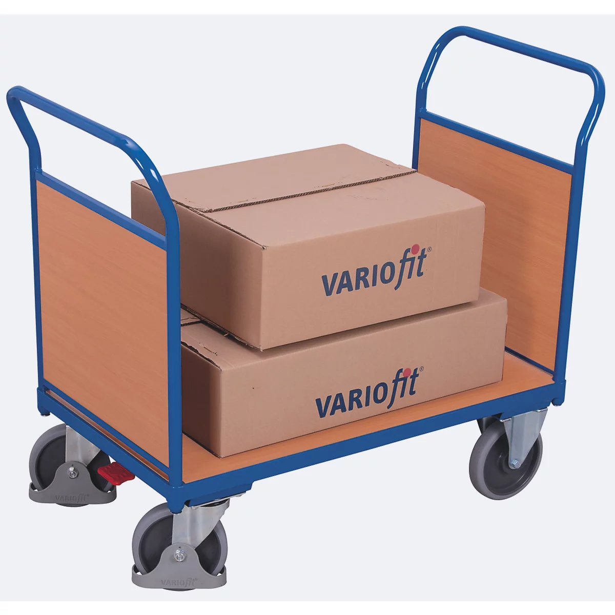 Chariot à double paroi frontale, acier/plaque MDF, décor bleu gentiane/hêtre, L 850 x l 500 mm, parois frontales en plaque MDF, roulettes TPE avec EasySTOP, jusqu'à 400 kg