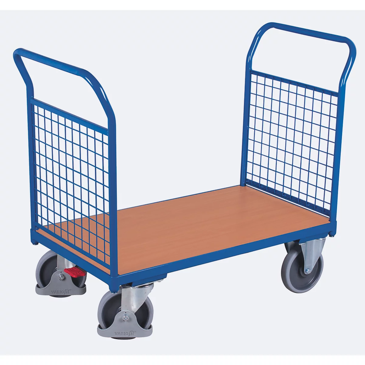 Chariot à double paroi frontale, panneau acier/MDF, décor bleu gentiane/hêtre, L 1200 x l 800 mm, parois frontales grillagées, roulettes en TPE avec EasySTOP, jusqu'à 500 kg