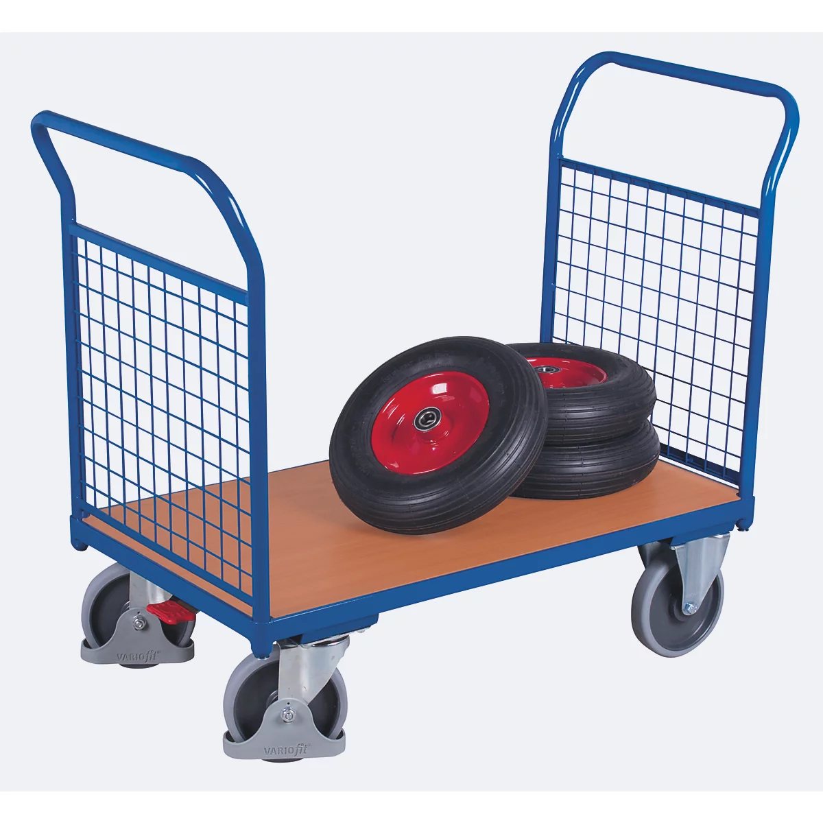Chariot à double paroi frontale, panneau acier/MDF, décor bleu gentiane/hêtre, L 850 x l 500 mm, parois frontales grillagées, roulettes TPE avec EasySTOP, jusqu'à 400 kg