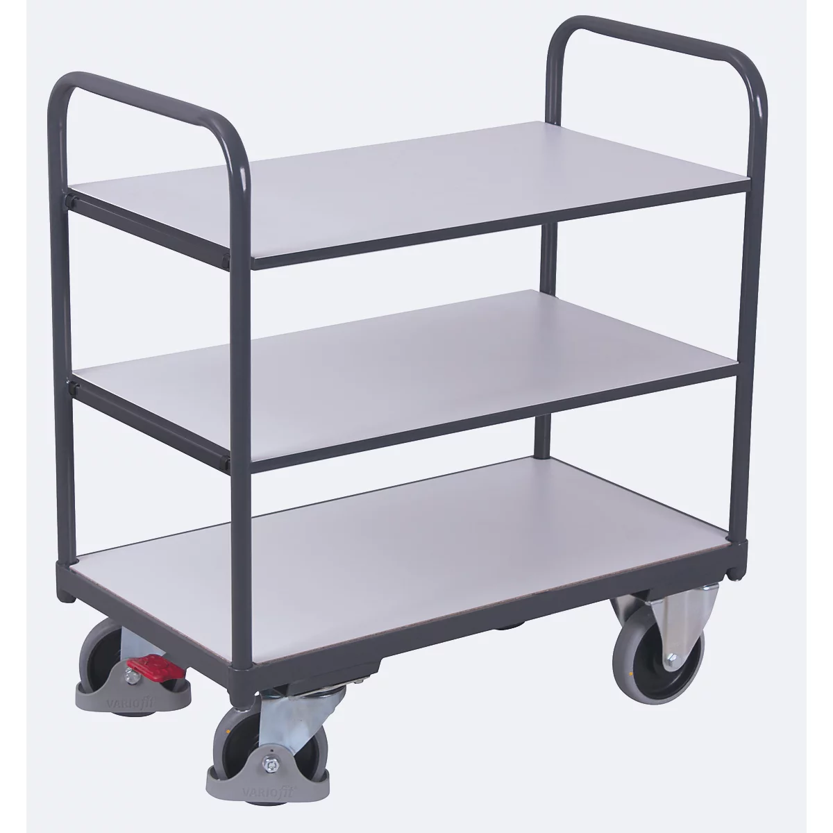 Chariot à étagères ESD, acier/ aggloméré, gris graphite/ gris clair, 3 étagères, 1000 x 600 mm, EasySTOP, jusqu'à 250 kg