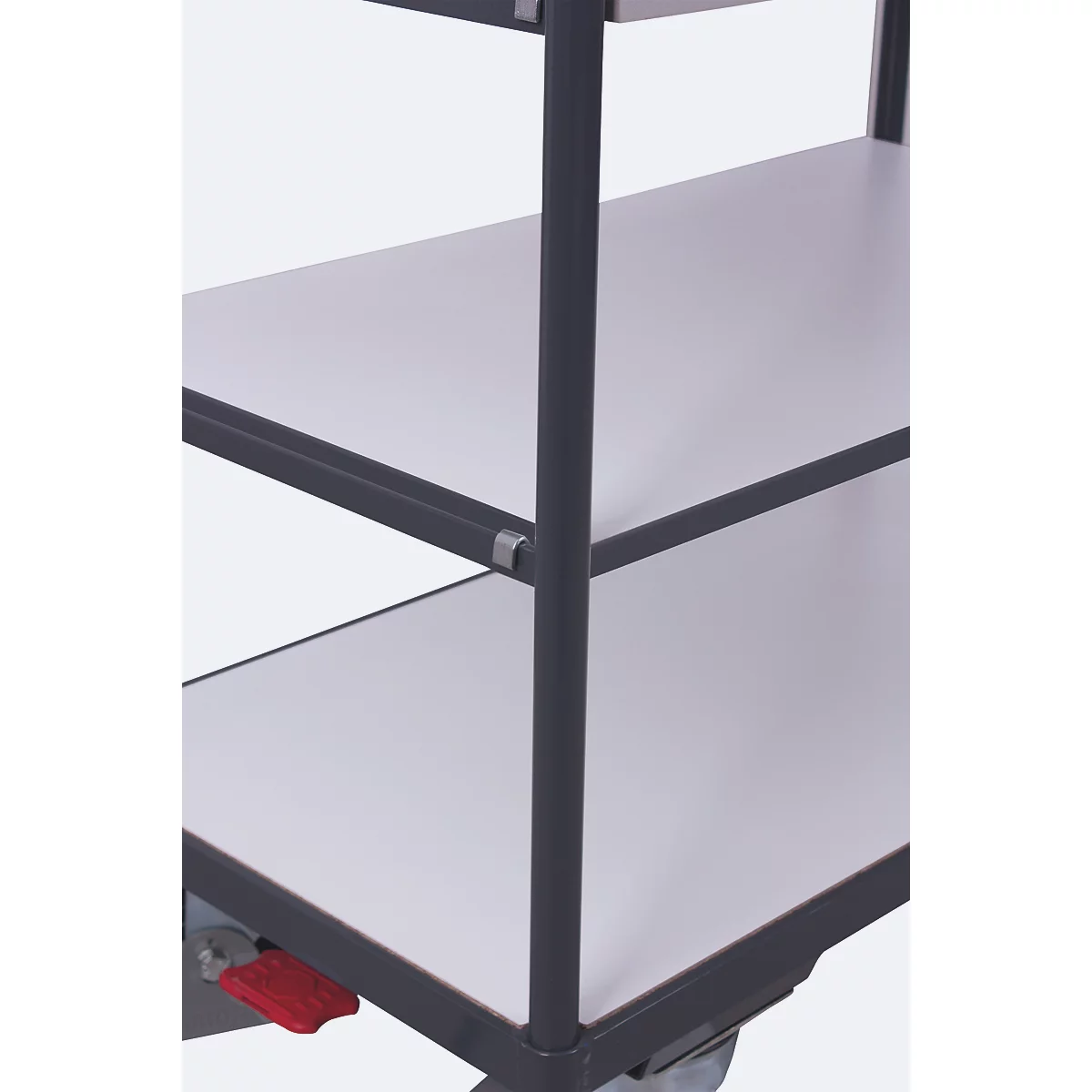 Chariot à étagères ESD, acier/ aggloméré, gris graphite/ gris clair, 3 étagères, 1200 x 800 mm, EasySTOP, jusqu'à 250 kg