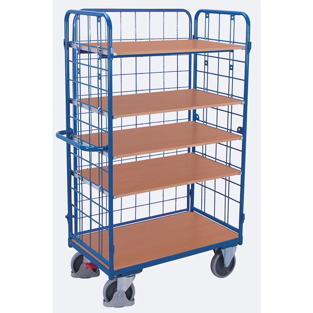 Chariot à étagères grillagées, acier/plaque MDF, décor bleu gentiane/hêtre, 1 étagère, 850 x 500 mm, panneau latéral à accrocher, EasySTOP, jusqu'à 400 kg