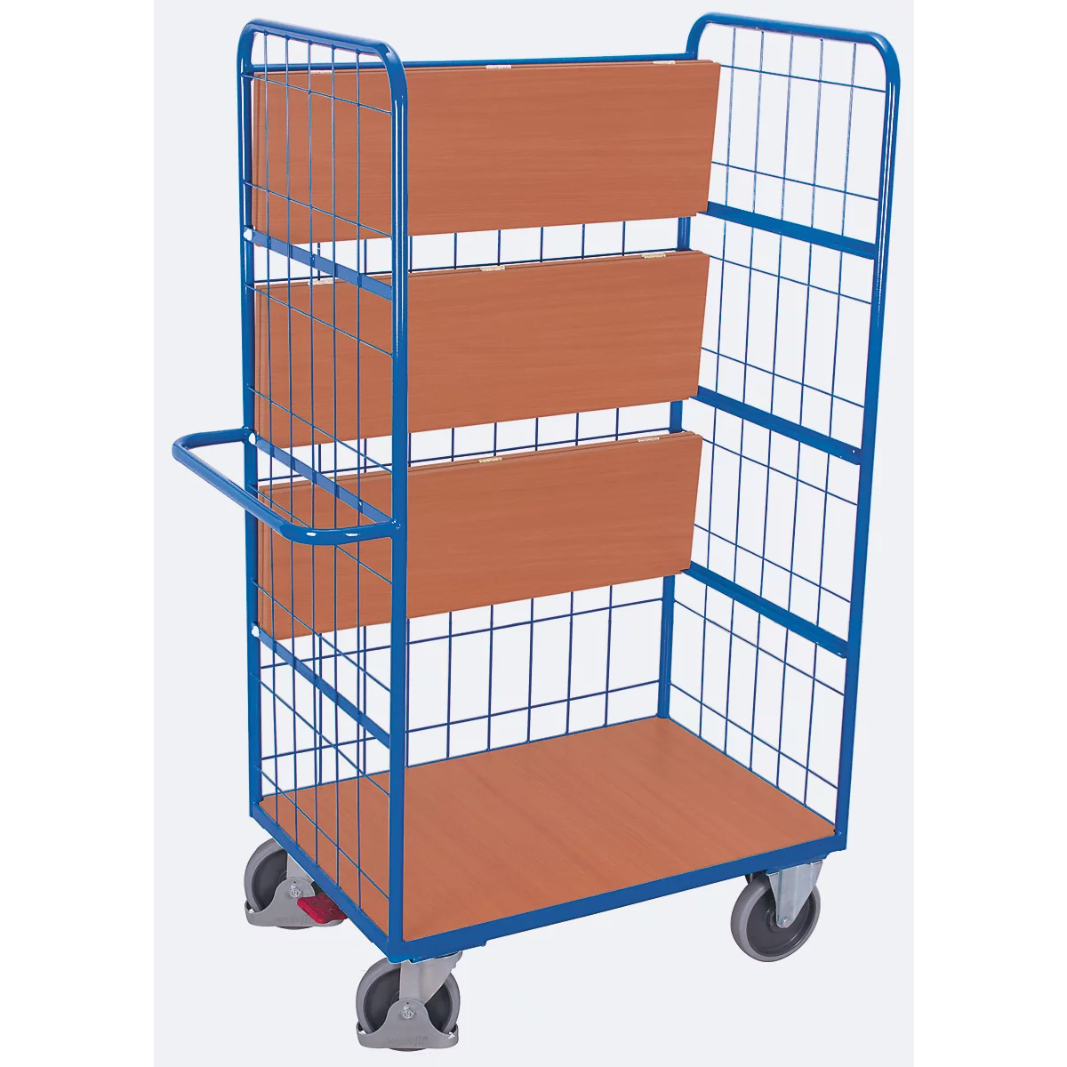 Chariot à étagères grillagées, acier/plaque MDF, décor bleu gentiane/hêtre, 4 étagères, 975 x 700 mm, EasySTOP, jusqu'à 500 kg