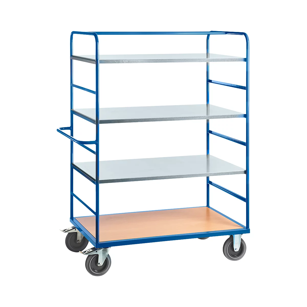 Chariot de service bleu avec trois étagères, sur roulettes.