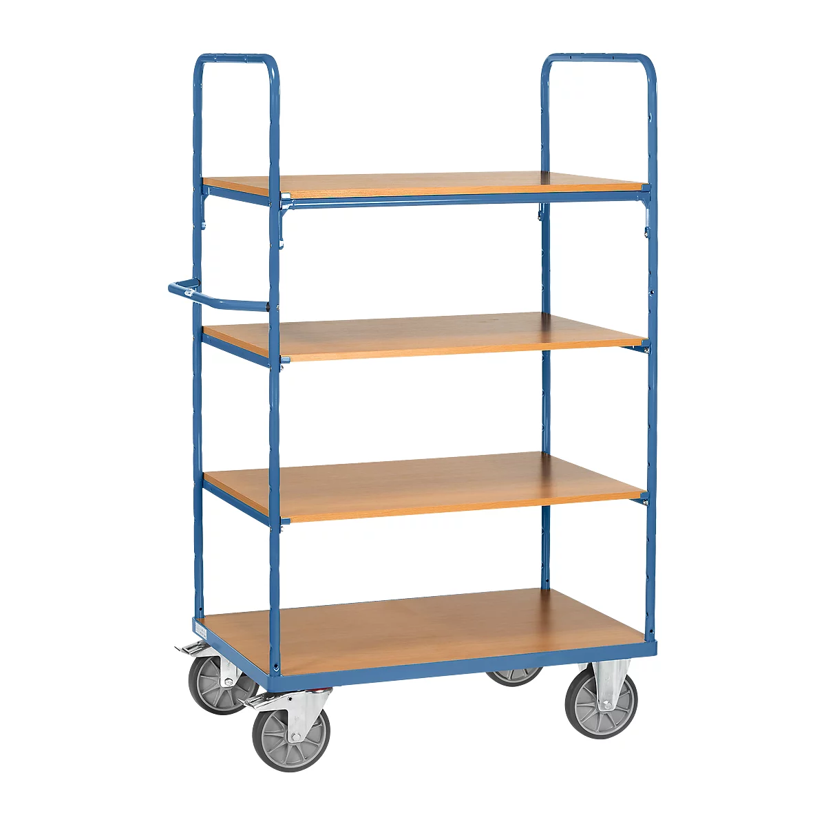 Chariot à étages, 4 étagères en bois, jusqu’à 600 kg, 1000 x 600 mm, acier, bleu