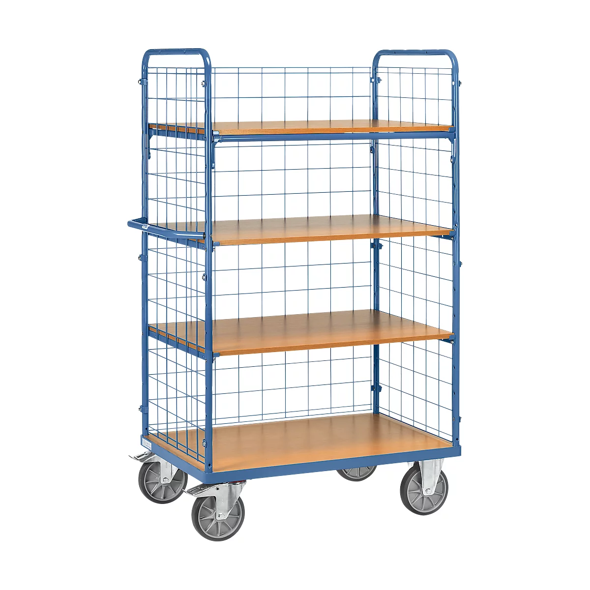 Chariot à étages, 4 étagères en bois, jusqu'à 600 kg, 3 grillages, 1000 x 600 mm, acier, bleu