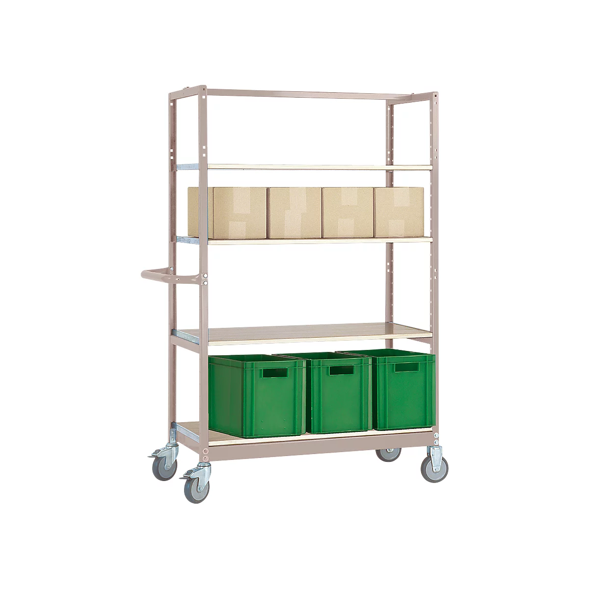 Chariot à étages VARIMOBIL, tôle d’acier, 4 étagères en bois de hauteur ajustable, jusqu’à 250 kg, profondeur 500 mm
