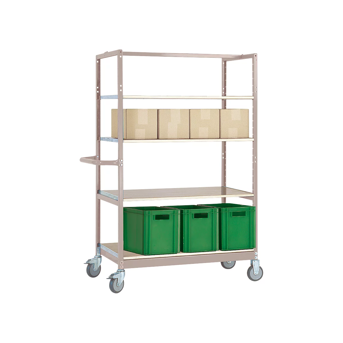 Chariot à étages VARIMOBIL, tôle d’acier, 4 étagères en bois de hauteur ajustable, jusqu’à 250 kg, profondeur 600 mm