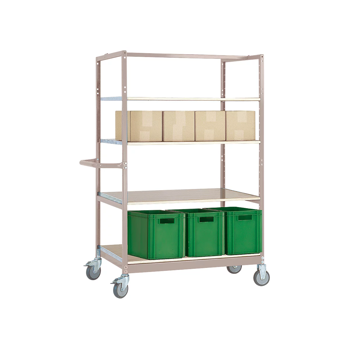 Chariot à étages VARIMOBIL, tôle d’acier, 4 étagères en bois de hauteur ajustable, jusqu’à 250 kg, profondeur 700 mm