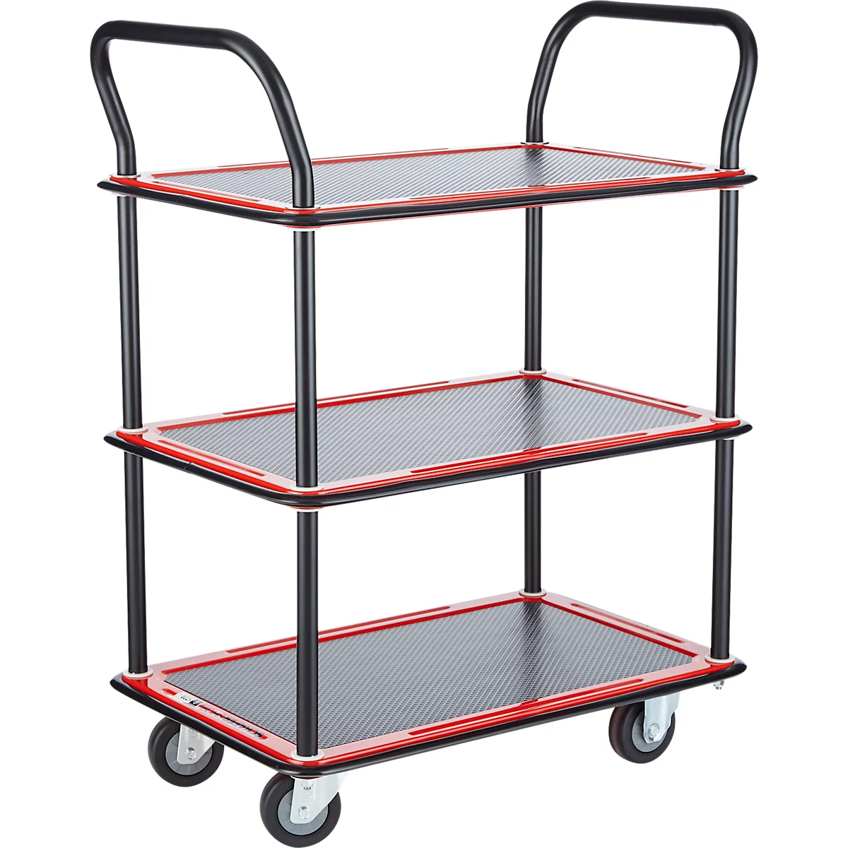 Chariot de service à trois niveaux avec cadre noir et étagères bordées de rouge. Poignées et roues noires.