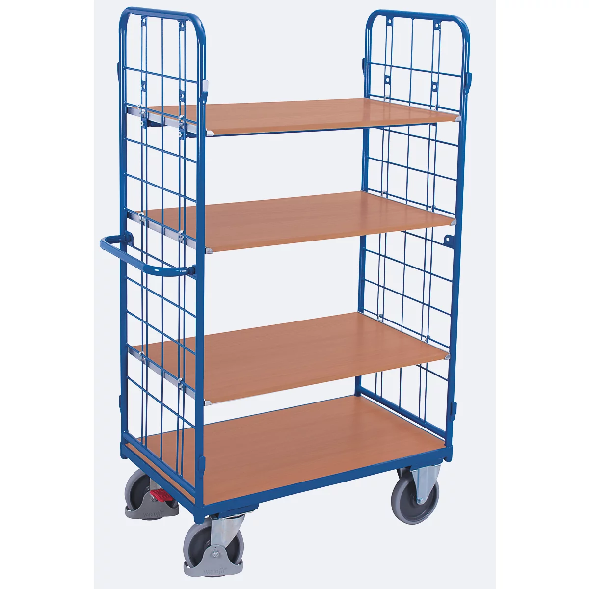 Chariot à plateaux, acier/MDF, décor bleu gentiane/hêtre, 1 plateau, 1200 x 800 mm, 2 panneaux d'extrémité en treillis métallique, EasySTOP, jusqu'à 500 kg