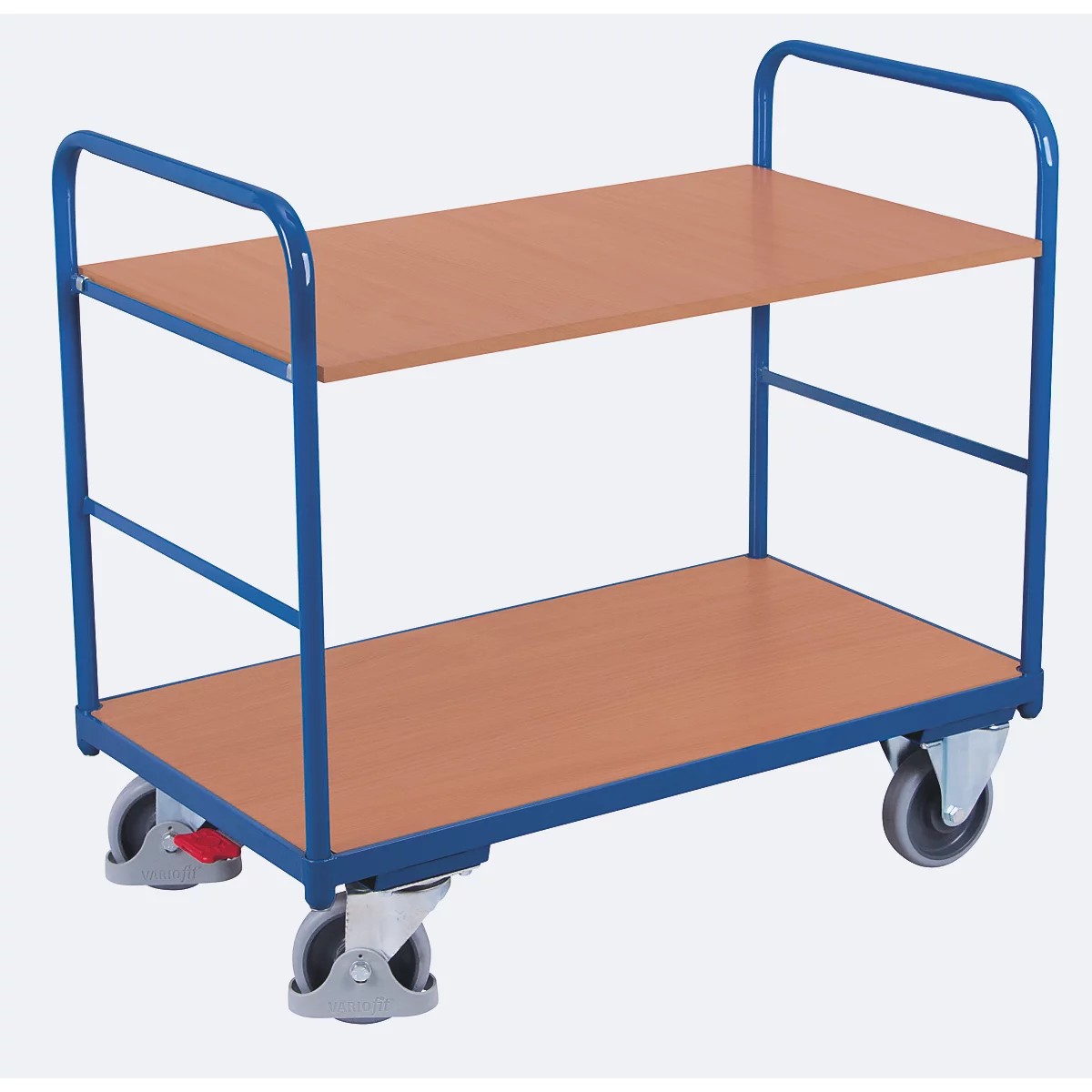 Chariot à plateaux, acier/MDF, décor bleu gentiane/hêtre, 2 plateaux, 1000 x 700 mm, EasySTOP, jusqu'à 250 kg