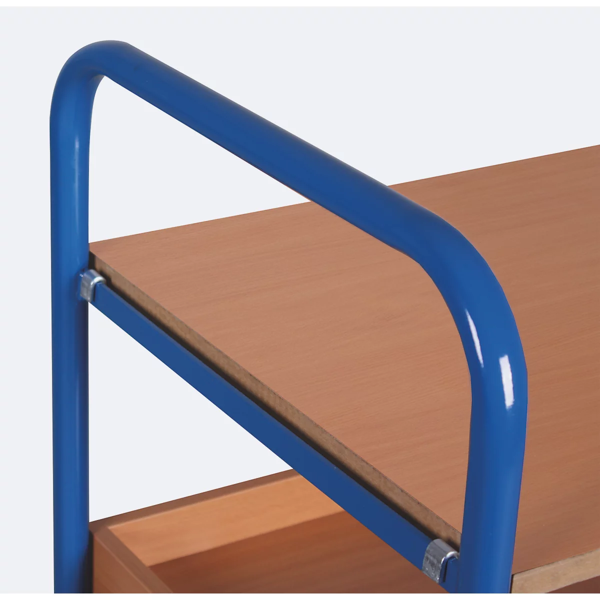 Chariot à plateaux, acier/MDF, décor bleu gentiane/hêtre, 2 plateaux, 1000 x 700 mm, EasySTOP, jusqu'à 250 kg
