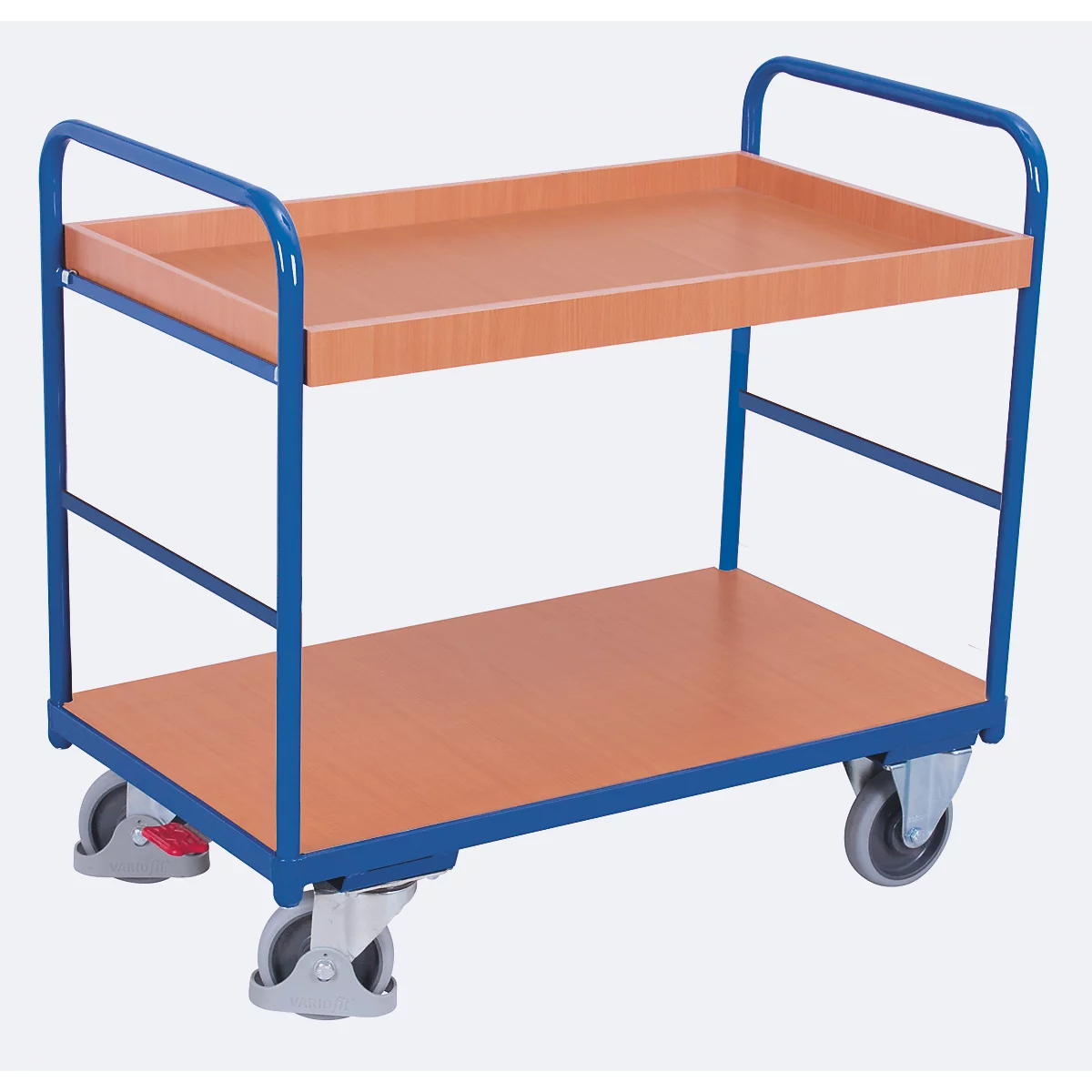 Chariot à plateaux, acier/MDF, décor bleu gentiane/hêtre, 2 plateaux, 850 x 500 mm, EasySTOP, jusqu'à 250 kg