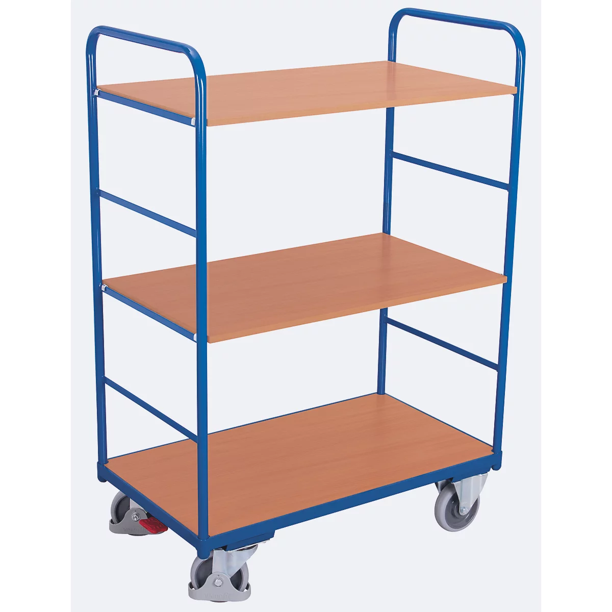 Chariot à plateaux, acier/MDF, décor bleu gentiane/hêtre, 3 plateaux, 1000 x 600 mm, EasySTOP, jusqu'à 250 kg