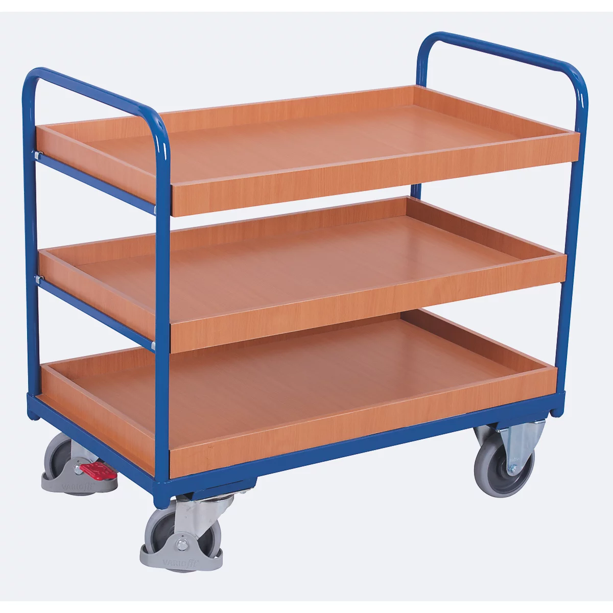 Chariot à plateaux, acier/MDF, décor bleu gentiane/hêtre, 3 plateaux, 965 x 555 mm, EasySTOP, jusqu'à 250 kg
