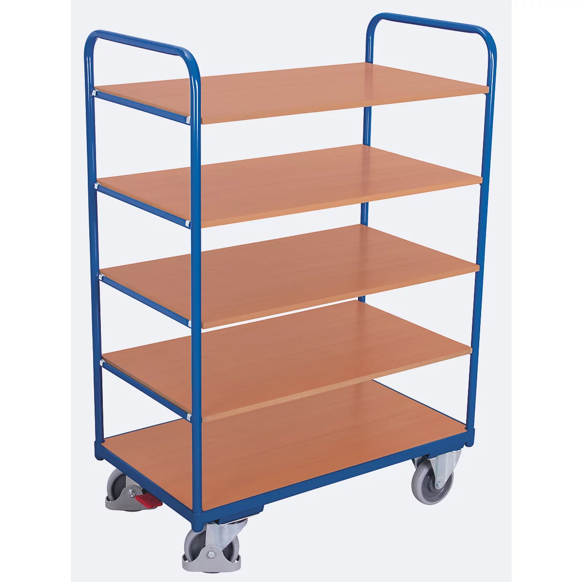 Chariot à plateaux, acier/MDF, décor bleu gentiane/hêtre, 5 plateaux, 1200 x 800 mm, EasySTOP, jusqu'à 250 kg