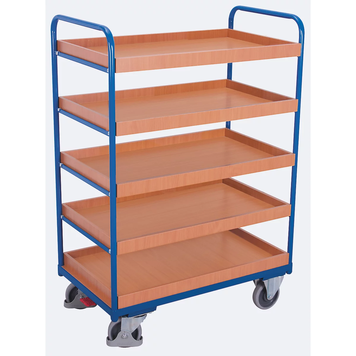 Chariot à plateaux, acier/MDF, décor bleu gentiane/hêtre, 5 plateaux, 965 x 555 mm, EasySTOP, jusqu'à 250 kg