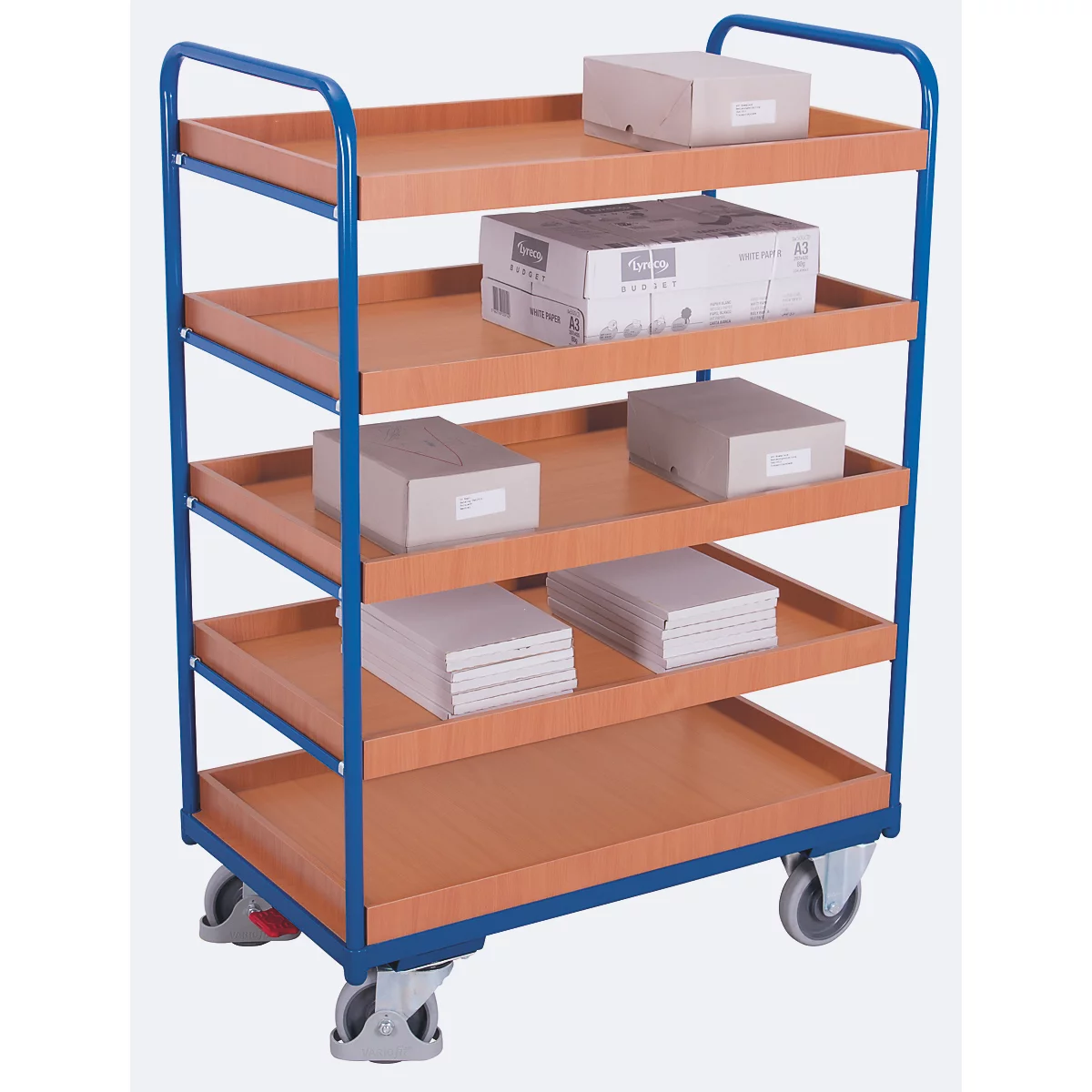 Chariot à plateaux, acier/MDF, décor bleu gentiane/hêtre, 5 plateaux, 965 x 555 mm, EasySTOP, jusqu'à 250 kg