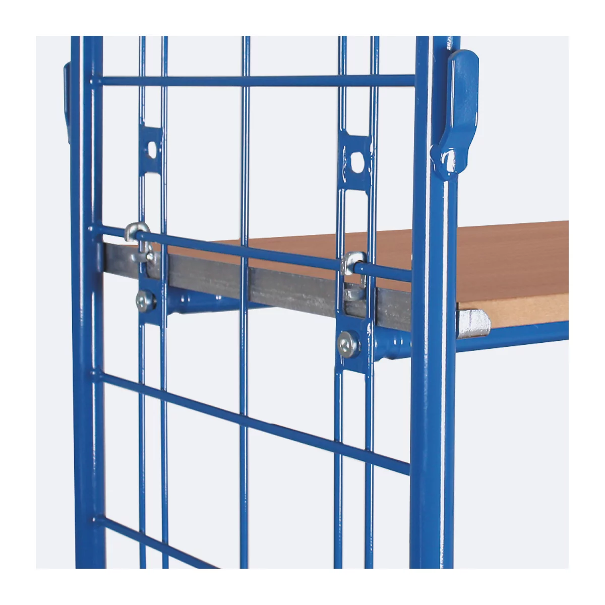 Chariot à plateaux, acier / panneau MDF, décor bleu gentiane / hêtre, 1 plateau, 850 x 500 mm, 2 panneaux d'extrémité en treillis métallique, EasySTOP, jusqu'à 400 kg