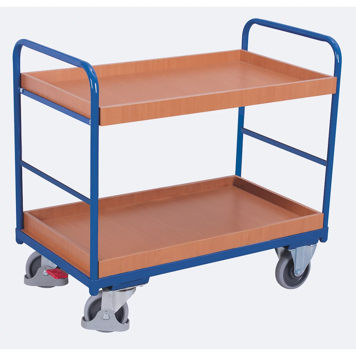 Chariot à plateaux, acier/plaque MDF, décor bleu gentiane/hêtre, 2 plateaux, 815 x 455 mm, EasySTOP, jusqu'à 250 kg