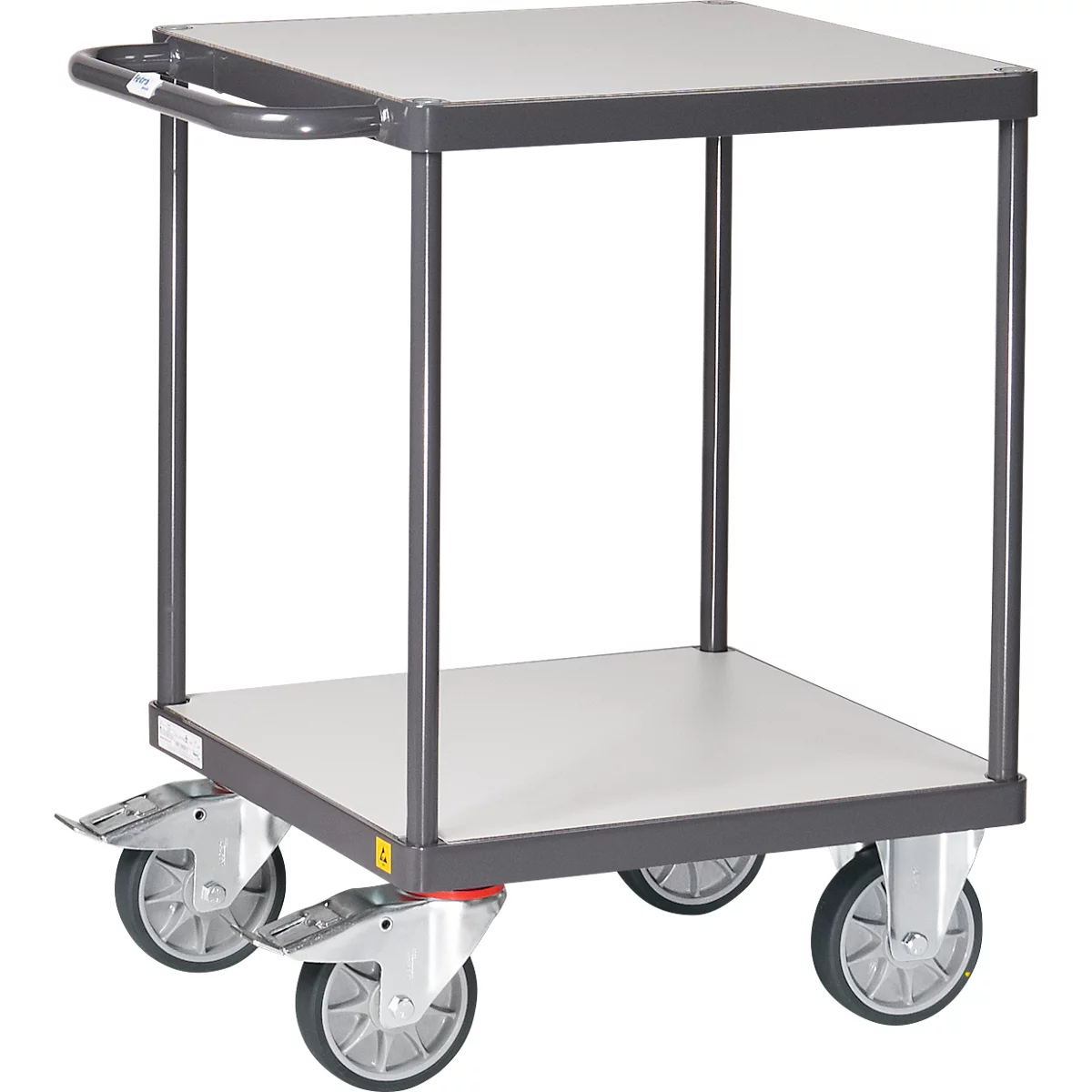 Chariot à plateaux ESD Fetra 9496, jusqu'à 500 kg, 2 plateaux avec étagères en bois composite, surface de chargement L 600 x l 600 mm, pneus TPE, poignée de poussée, acier, gris ardoise