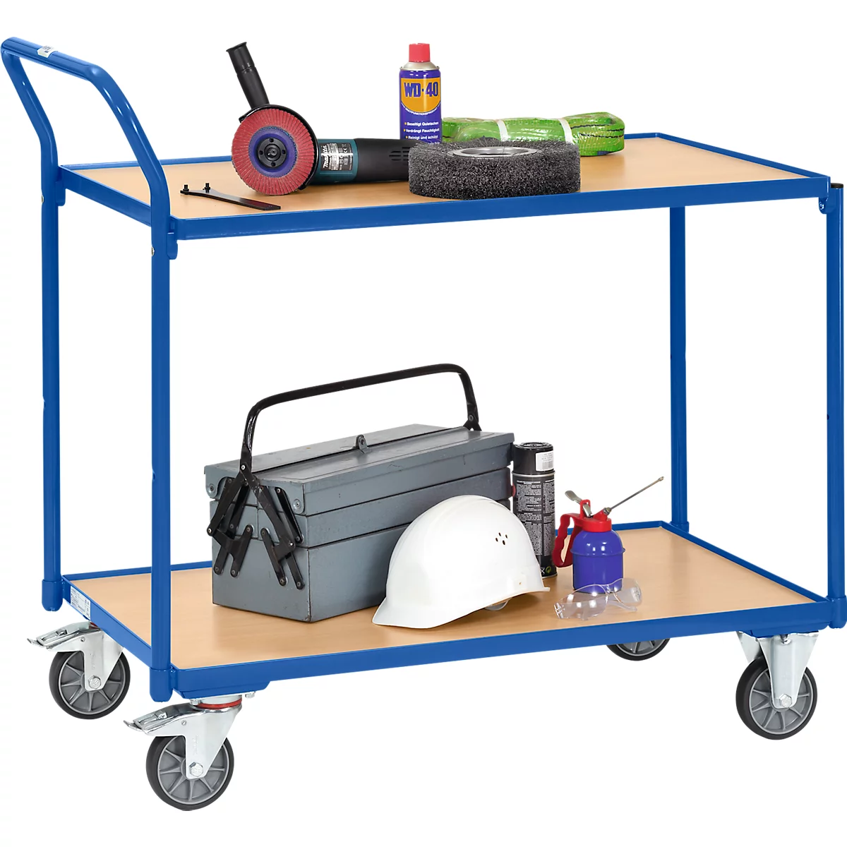 Chariot à plateaux Fetra 2740, 2 plateaux, L 850 x l 500 mm, jusqu'à 300 kg, 2 poignées de poussée, roues pivotantes &amp; fixes, bois &amp; acier, bleu brillant RAL 5007