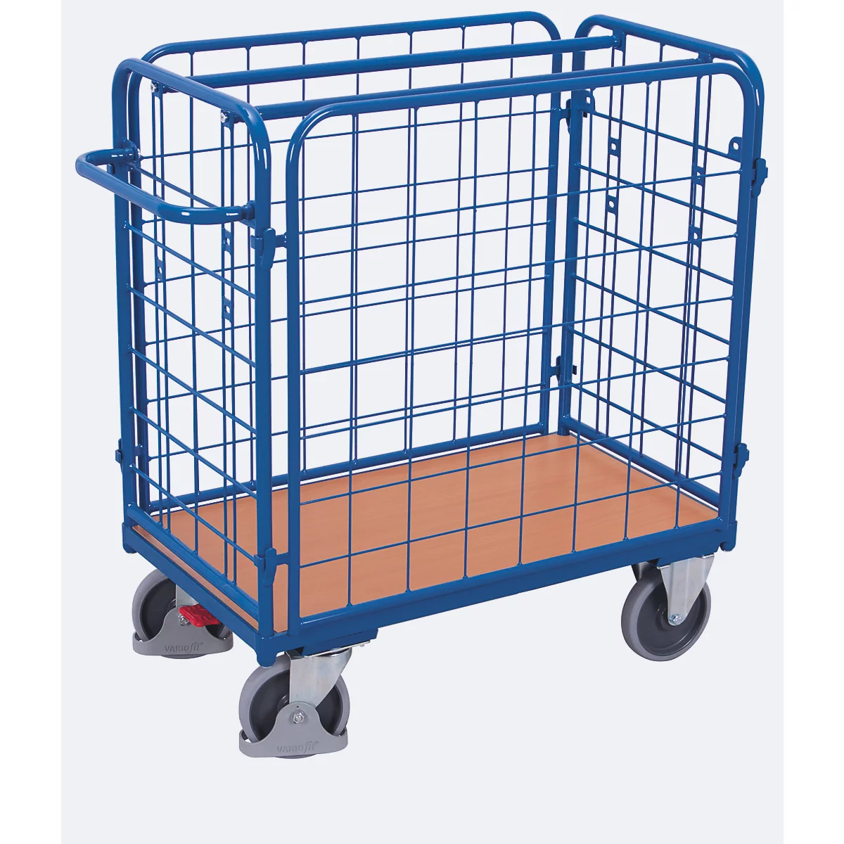 Chariot grillagé bleu avec base en bois sur fond gris.