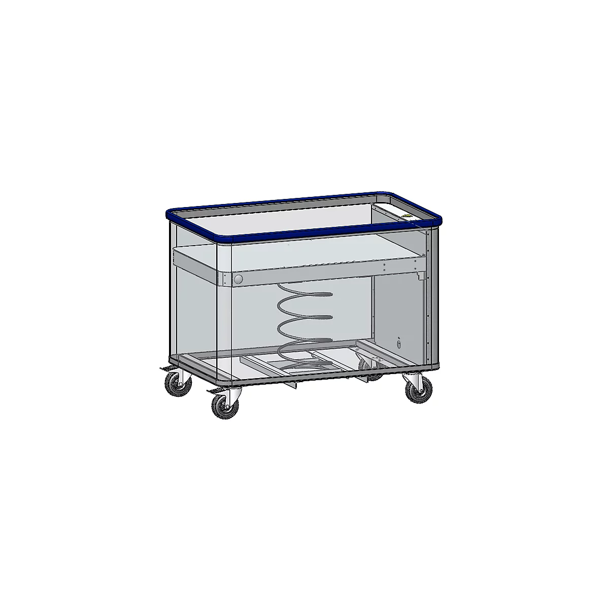 Chariot de transport transparent avec bord bleu et construction métallique. À l'intérieur, un ressort hélicoïdal et une étagère.