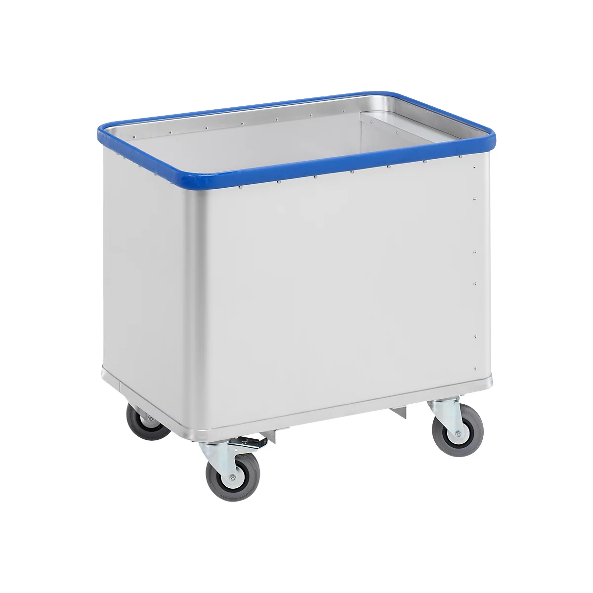 Un chariot à linge rectangulaire en métal avec une bordure bleue. Il repose sur quatre roulettes.