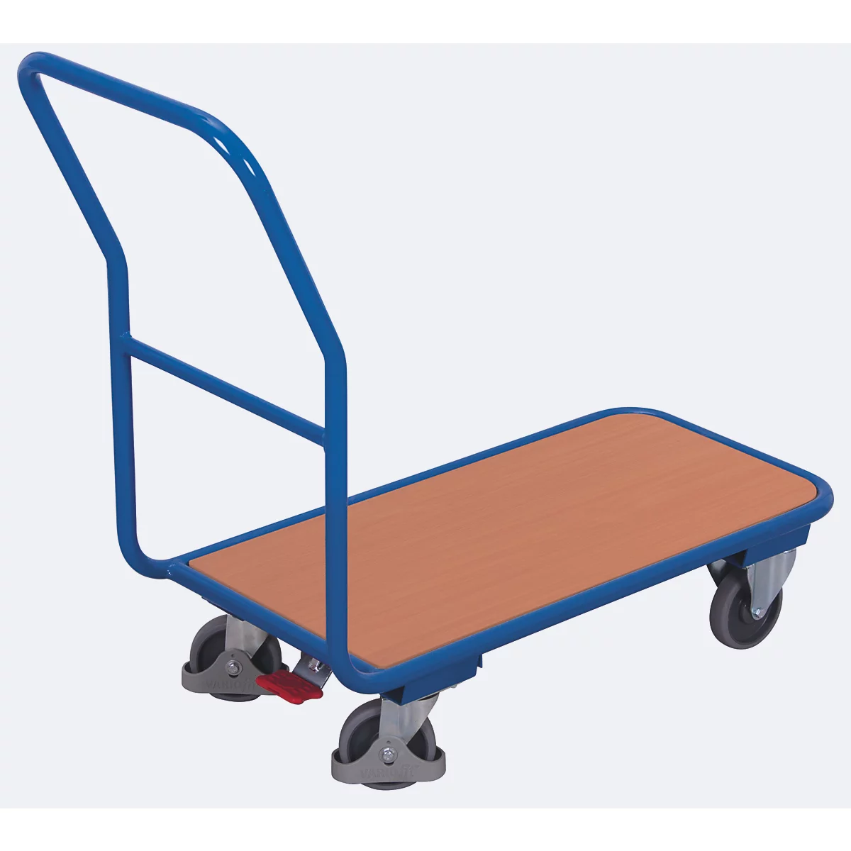Chariot à revues, panneau acier/MDF, décor bleu gentiane/hêtre, L 890 x l 450 mm, avec traverse, roulettes TPE avec EasySTOP, jusqu'à 200 kg