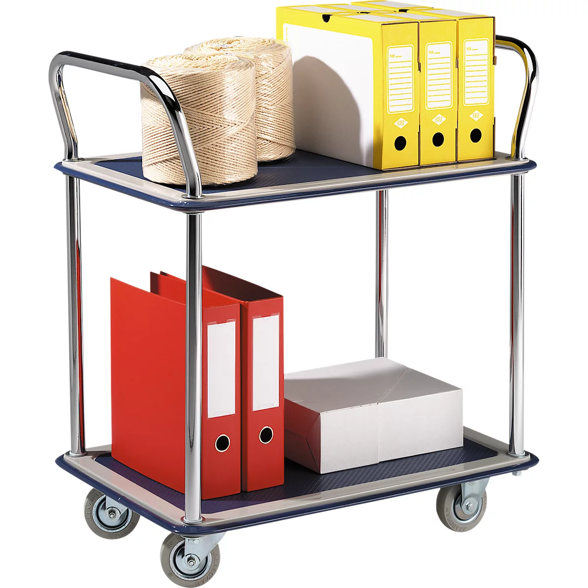 Chariot à roulettes NB-104, 2 tablettes, L 790 x l 480 mm, jusqu'à 120 kg, bleu, bandage caoutchouc plein, acier chromé