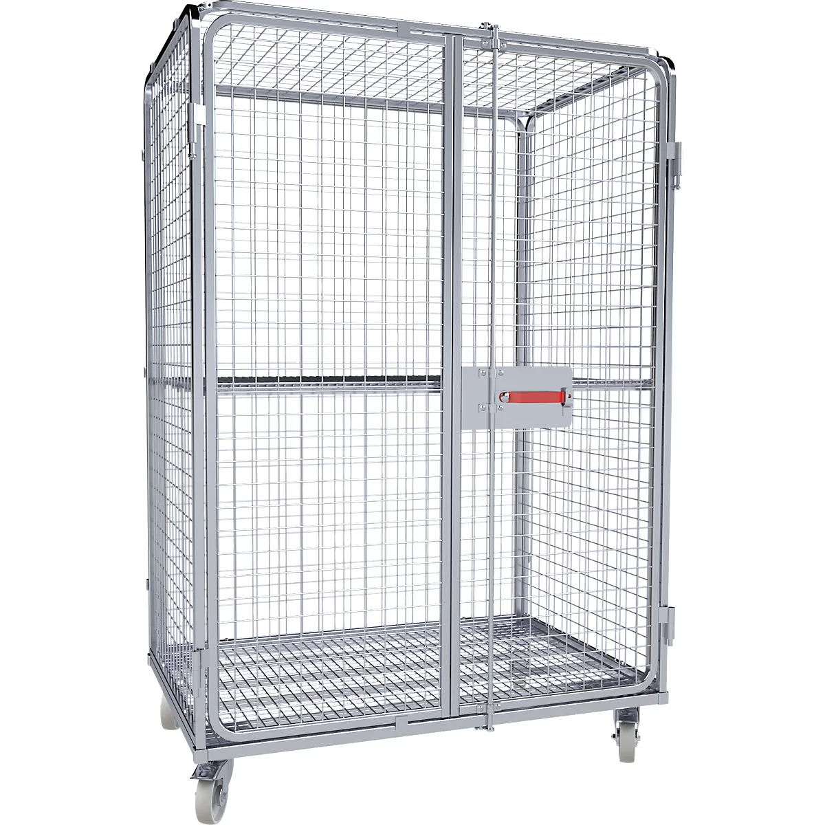 Chariot en treillis métallique avec roues et deux portes.