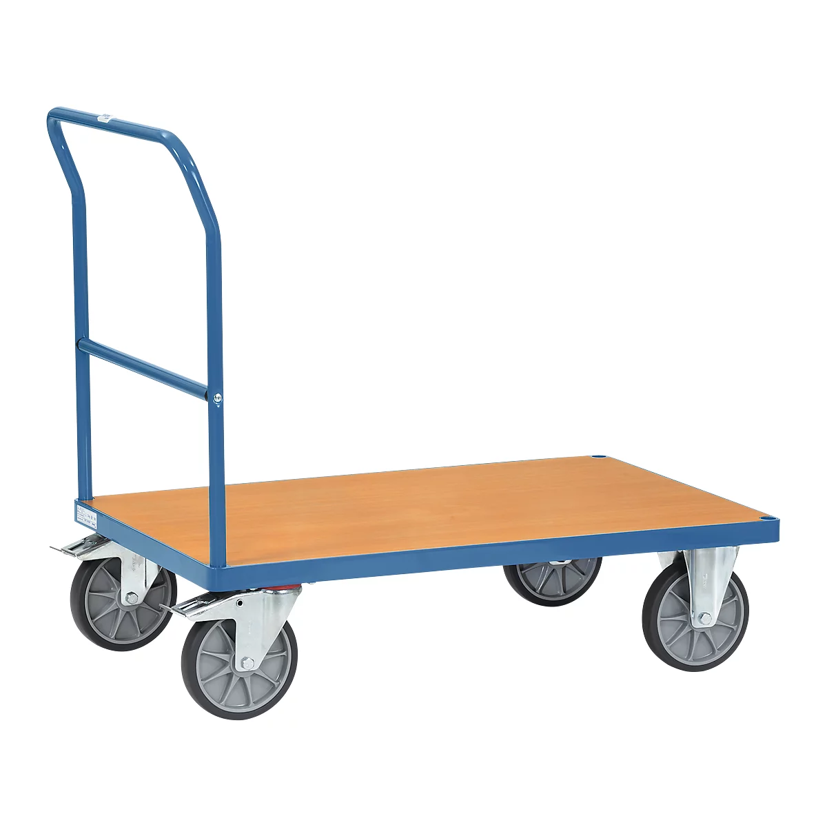 Chariot avec poignée de poussée, acier/bois, bleu-hêtre, jusqu'à 600 kg, l. 1000 x P 700 mm, roulettes TPE