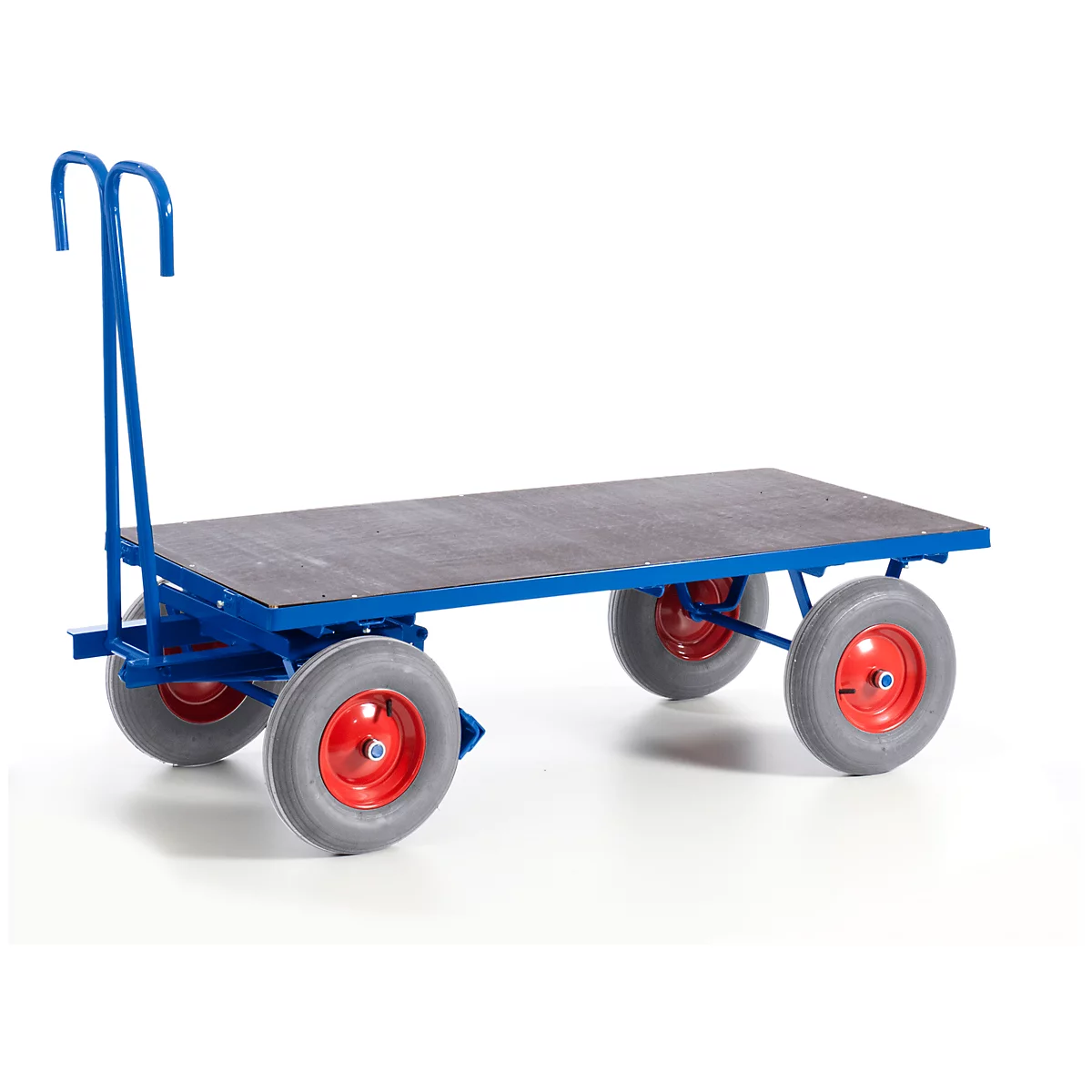 Chariot de transport bleu avec pneus gris, jante rouge, plancher en bois et poignée.