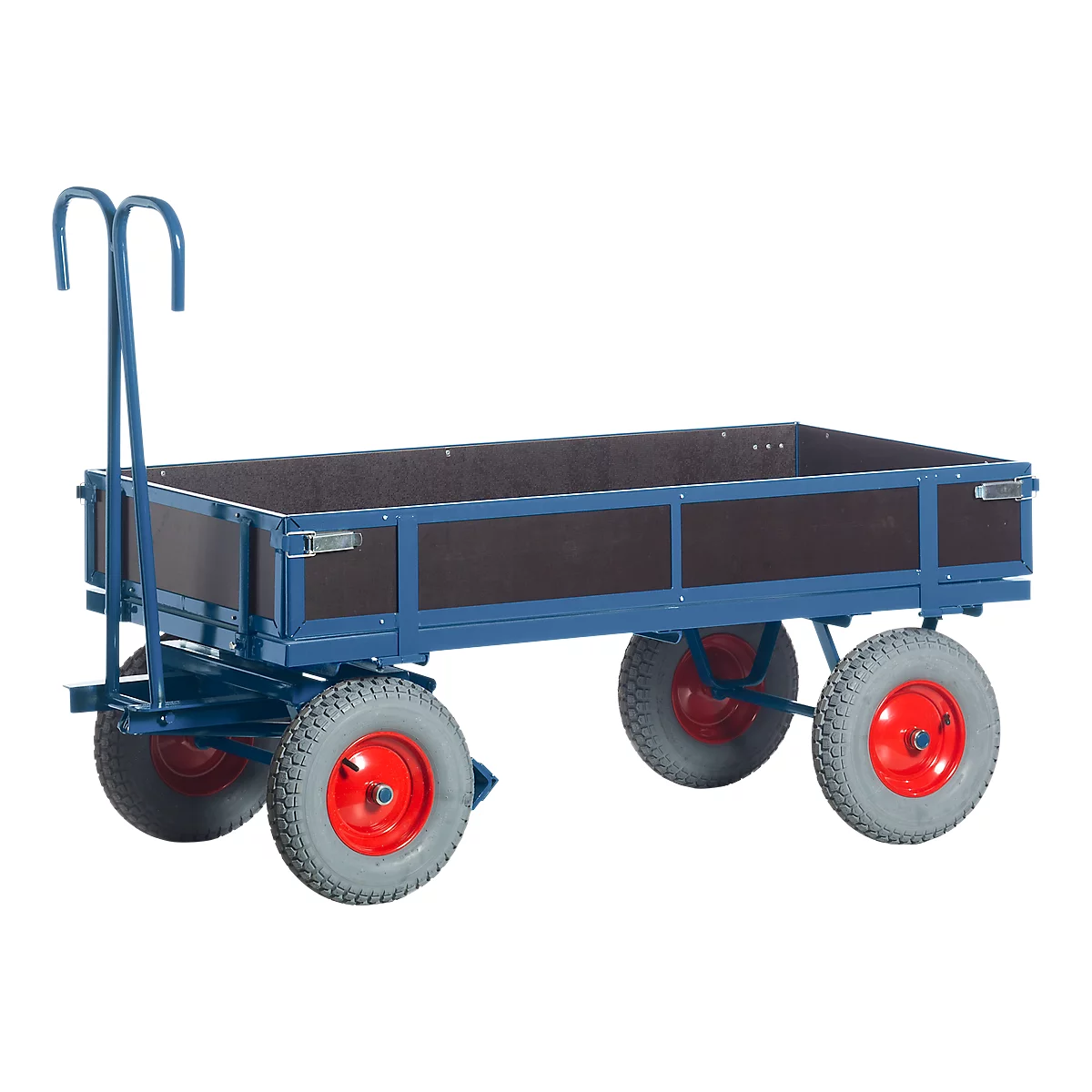 Chariot bleu avec une zone de chargement noire et des roues rouges.