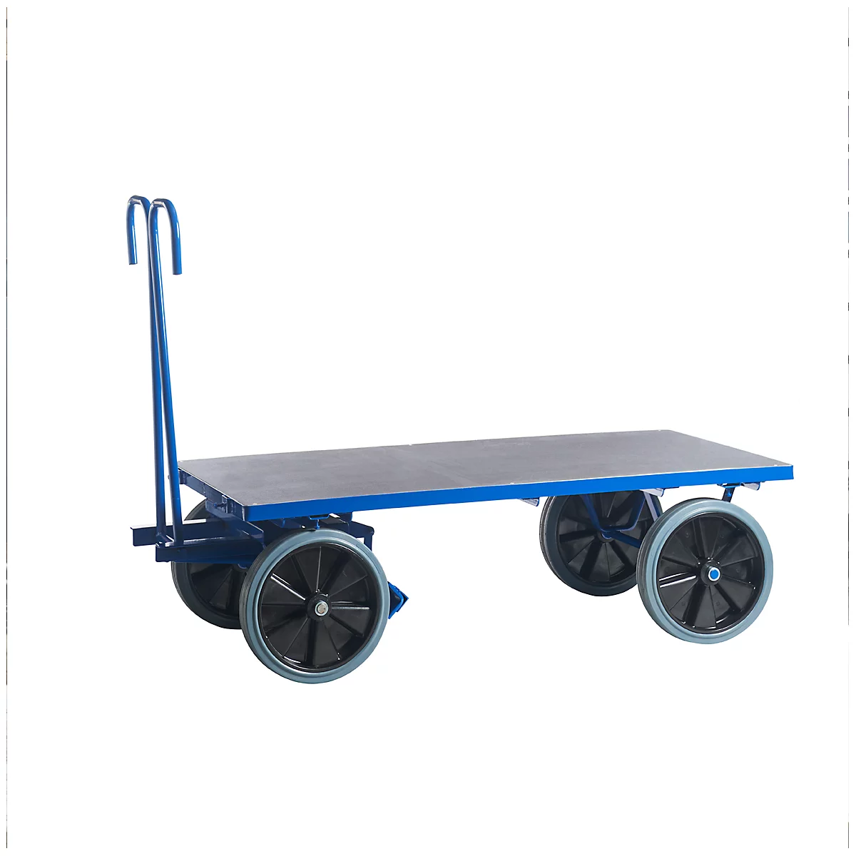 Un chariot plate-forme bleu avec quatre roues, une table de chargement grise et une poignée.