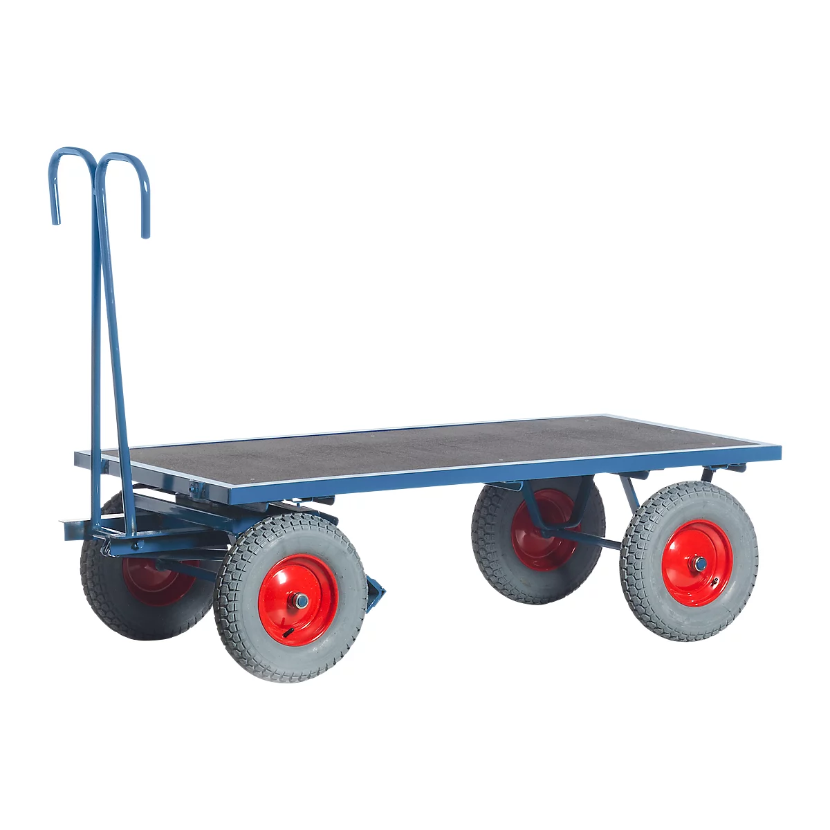 Chariot de transport bleu avec plateforme et quatre roues. Pneus gris avec jantes rouges. La poignée est courbée.