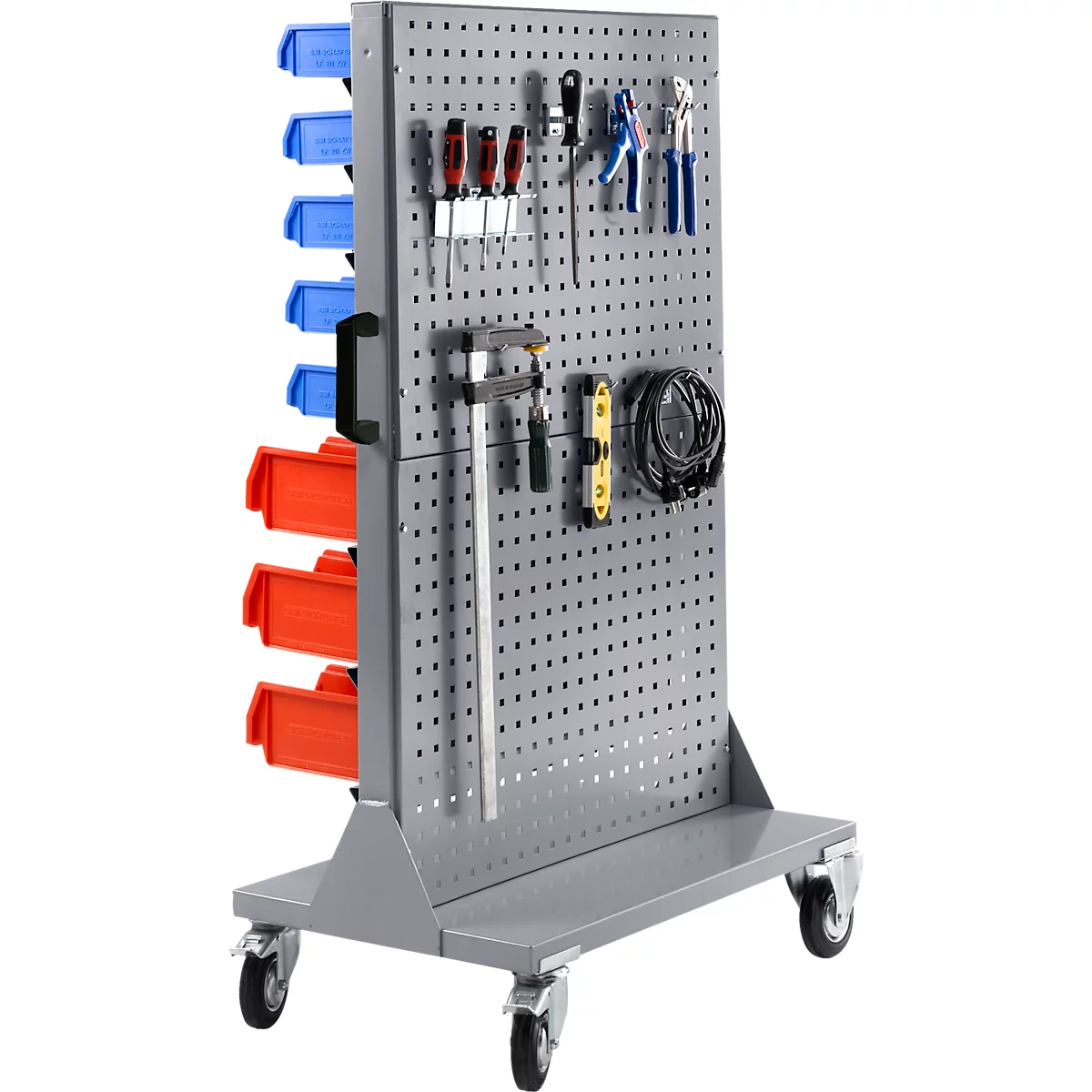 Chariot d'atelier mobile pour petites pièces insérables d'un côté, avec paroi perforée, sans bacs à bec, L 900 x P 655 x H 1540 mm, acier, gris