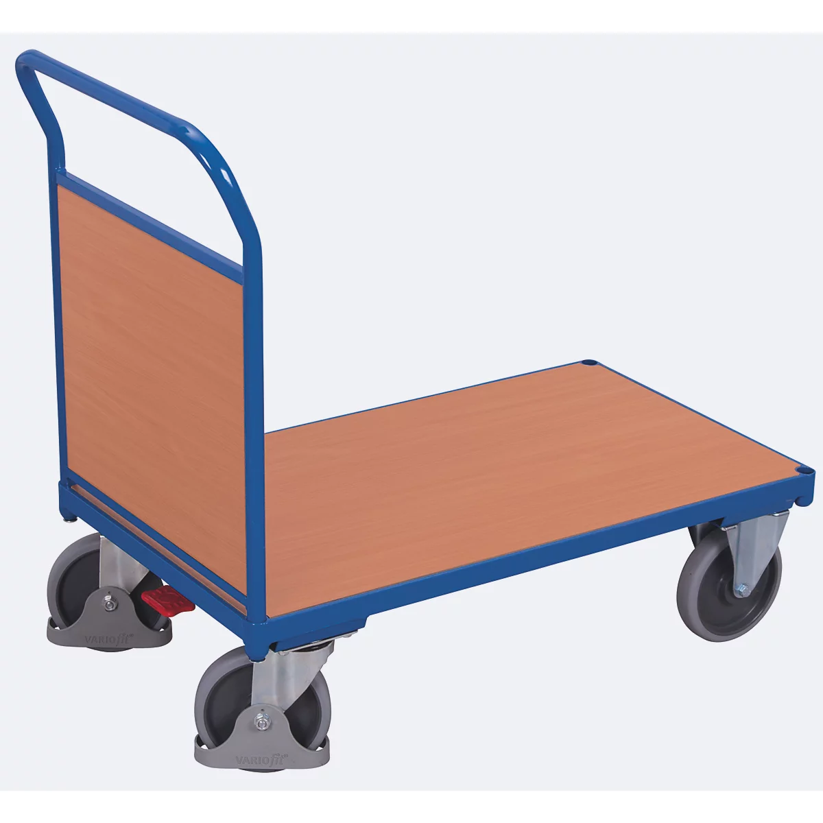 Chariot d'extrémité, acier/plaque MDF, décor bleu gentiane/hêtre, L 1030 x L 700 mm, paroi d'extrémité en plaque MDF, roulettes TPE avec EasySTOP, jusqu'à 500 kg