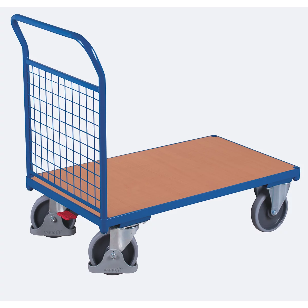 Chariot d'extrémité, panneau acier/MDF, décor bleu gentiane/hêtre, L 1230 x l 800 mm, paroi d'extrémité en treillis métallique, roulettes TPE avec EasySTOP, jusqu'à 500 kg
